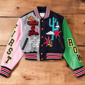 Veste universitaire à carreaux multicolores personnalisée pour femmes, en cuir véritable, écologique, coupe-vent, patchwork, broderie, bomber - Product Image 1