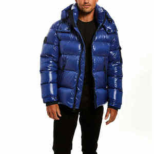 Blouson Bomber Homme Bleu Brillant à Imprimé Léopard, Capuche, Isolant, Rembourré, Chaud, Hiver, Casual, Finition Brillante, Fermeture Éclair - Product Image 4