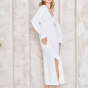 Robe maxi à manches cloche en coton 100% blanc, écologique et respirante, style bohème vintage - Product Image 1