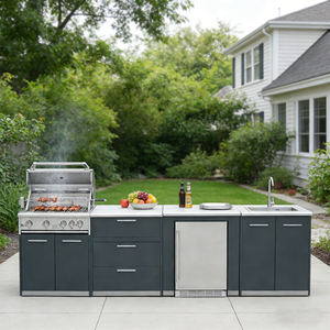 Îlot de cuisine extérieur bleu <span class=keywords><strong>4</strong></span> pièces : <span class=keywords><strong>barbecue</strong></span> au propane + réfrigérateur américain + éclairage LED et portes à fermeture douce - Product Image 1