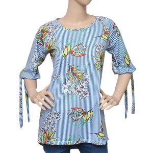 เสื้อถักพิมพ์ลายสำหรับผู้หญิง - สีน้ำเงินและสีขาว - Product Image 3