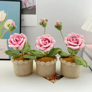 Crochet transfrontalier fait main en coton, fleur artificielle en fil de rose, bonsaï en pot pour bureau, décoration d'intérieur, ornements, cadeau, voyage - Product Image 1