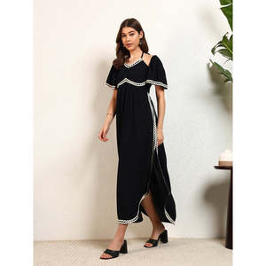 Deebaco Women's Black Solid <b>Maxi</b> Dress With <b>White</b> Contrast Binding V-Neck Cap Sleeve Loose Fit Casual Summer Style Dress - Product Image 3
