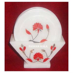 Posavasos de té con incrustaciones de mármol blanco hecho a mano de la mejor calidad india, forma redonda con acabado fino para decoración del hogar y la cocina - Product Image 1