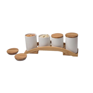 Lot de 4 boîtes design pour fruits secs en marbre avec plateau en bois, différentes tailles, conteneurs de stockage pour sucre, café et thé d'Inde - Product Image 1