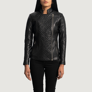 Women's Genuine <b>Leather</b> Quilted Moto <b>Jacket</b> Stand Collar Full Sleeve Zipper Closure Black Autumn Style - Product Image 3