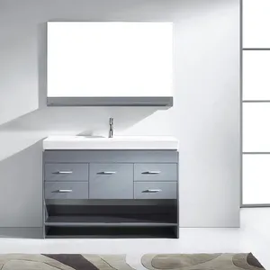 Lavabo individual Almacenamiento de baño independiente Vanidad Diseño moderno Gabinete de baño de madera con espejo