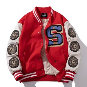 Men's Winter Woolen Design Varsity <b>Jacket</b> Thick Leather Sleeves Warm Baseball <b>Parka</b> Coat Stand Hip Hop Style Canvas Patchwork - Product Image 3