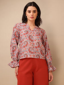 Haut décontracté à manches bouffantes imprimé en coton mélangé marron pour femme - Product Image 4