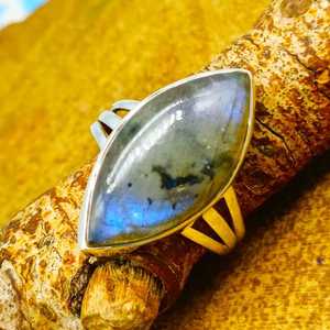 Anillo de marquesa hecho a mano de plata de ley 925, joyería principal de diamante de estilo informal, piedra preciosa de labradorita gris para boda, piedra Flash azul - Product Image 1