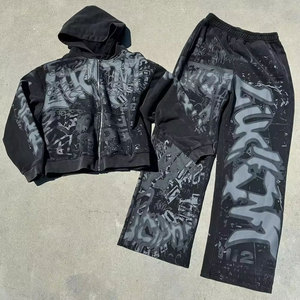 Ensemble de survêtement pour homme, pantalon de jogging imprimé à deux pièces, doublé, coupe évasée, 100% coton, molleton respirant, personnalisable, streetwear - Product Image 1