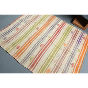 Tapis plat turc moderne en laine beige de 5'1 "x 6' avec motif patchwork en latex pour décorations de salon - Product Image 4