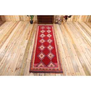 Tapis de 3,1 x 10,2 pieds, tapis turc Kilim, tapis rayé en laine rouge vintage - Product Image 1