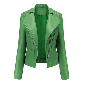Chaqueta de motorista verde de cuero genuino para mujer, abrigo de Moto ajustado con tachuelas, cremallera frontal, manga larga, prendas de vestir exteriores de moda, pieza de moda - Product Image 6