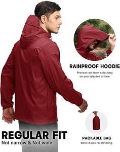 Chaqueta de lluvia cortavientos impermeable ligera para hombre OEM de primera calidad con capucha impermeable empacable para exteriores para viajes de senderismo - Product Image 2