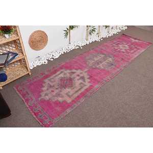 Turkish Vintage <b>Rug</b>, 2.9x10.4 ft Herki <b>Rug</b>, Pink <b>Runner</b> Check <b>Rug</b> - Product Image 4