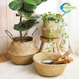 Cestas de vientre de hierba marina natural con asas de cuero cesta de paja elegante y funcional para decoración rústica moderna del hogar - Product Image 6