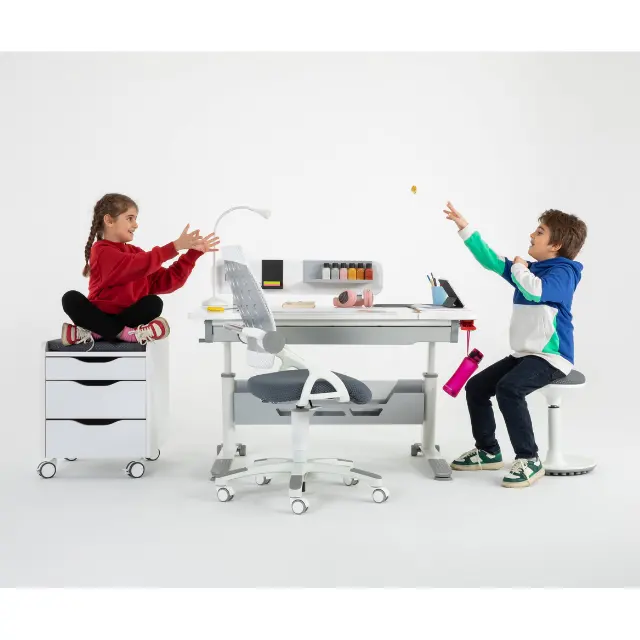 Creo Mobilio Sirius Premium Set kursi meja belajar 120*75 cm dengan caissen dapat disesuaikan dan ergonomis warna putih/abu-abu