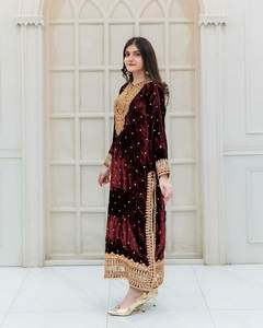 Alta calidad modesto diseñador Moti trabajo hecho a mano manga completa elegante pesado puro terciopelo viscosa Salwar Kameez con Dupatta - Product Image 3