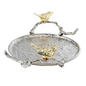 Plateau de service rond en laiton argenté avec accent oiseau doré, idéal pour le salon, la table à manger, les réceptions et la présentation. - Product Image 4