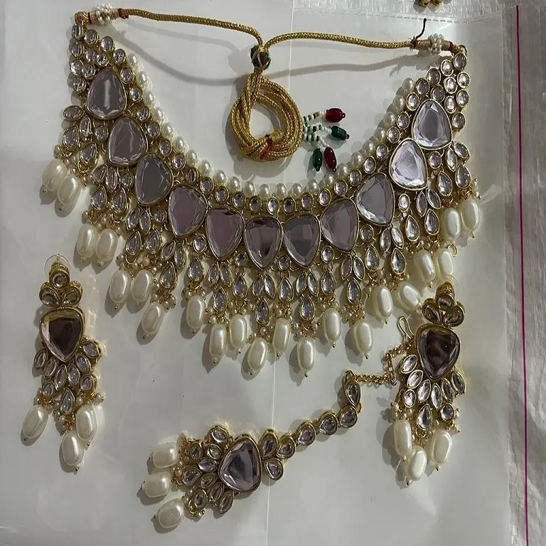 Traditioneel Ontwerp Gouden Parel Polki Kundan Ketting Set Choker