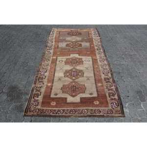 Vintage Area Rug 4.4x8.9 ft, Turkish <b>Brown</b> Floral <b>Wool</b> Rug - Product Image 1