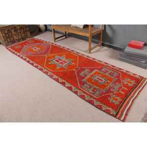 3.2x11.2 ft Turkish Rug, <b>Runner</b> Vintage Rug, <b>Red</b> Ikat Rug - Product Image 1