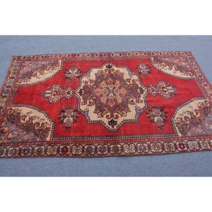 Vintage Turkish <b>Wool</b> Area Rug <b>Red</b> Beige Patchwork Design Large Rectangle 4 X 7 ft 10mm Thickness Latex for Hallway Bedroom - Product Image 3