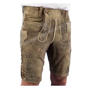 Lederhosen corto de cuero de vaca genuino para hombre personalizado botones bordados frontales lados de cierre y bolsillos traseros con trabillas para cinturón - Product Image 1