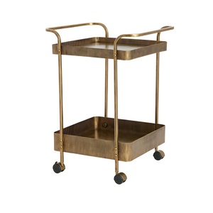 Square Serving Cart with Wooden Open Shelf and Metal Pipes Handles Golden Colored Trolly For Home Bar Food Serving Wine Cart