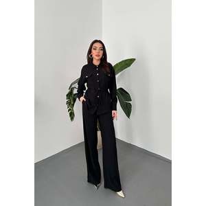 Black Button Detailed Shirt And Ribbed <b>Trousers</b> - Black - Product Image 1