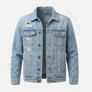 Veste en jean pour homme, coupe slim, style motard déchiré, bleu vintage, manches longues personnalisées, vêtements en jean classiques, veste en jean pour homme - Product Image 1