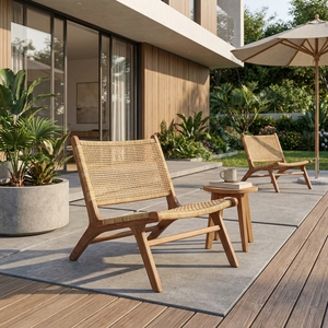 Chaise longue de jardin moderne en teck naturel, imperméable et durable, avec assise en sangle tressée pour terrasse et patio, décoration artistique - Product Image 2