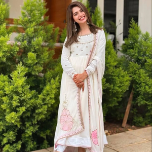 Designer Women's Elegant Heavy Georgette Anarkali Salwar with Embroidered Dupatta Quick Dry Work Gown for Weddings and Parties - Product Image 1
