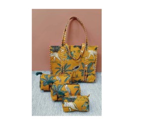 3-Pcs <b>Quilted</b> Leather <b>Tote</b> <b>Bag</b> Set Bohemian Same Print Cosmetic <b>Bag</b> Block Print Toiletry <b>Bag</b> Cotton Two Fashionable for Ladies - Product Image 5