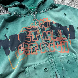 Sudadera Corta Vintage Lavada al Ácido Personalizada por el Fabricante, Sudadera con Capucha de Algodón para Hombre, Estilo Francés, con Cierre, Estampado DTG, Pedrería, Desgastada. - Product Image 4