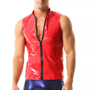 Débardeurs sexy en cuir PVC à fermeture éclair pour hommes, gilets de nuit minces tricotés et brillants en latex mouillé - Product Image 6
