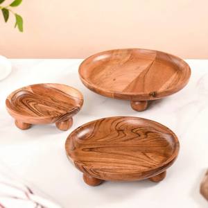 Plateau de service rond en bois Lot de 3 plateaux à fruits à pieds Plateaux de service en bois décoratifs pour apéritifs Fruits et desserts - Product Image 6