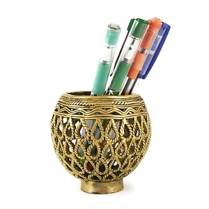 3-Inch Brass Metal Square Golden Card <b>Pen</b> Holder Bulbous Shape Ornate Desk - Product Image 1