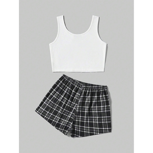 Custom High Quality Summer Custom Logo Solid Color Sleeveless <b>Top</b> <b>Checkered</b> Shorts Pajama Set - Product Image 2