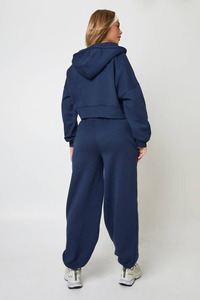 Ensemble de survêtement 2 pièces pour femme, design personnalisé, bleu marine, pantalon de jogging à revers et sweat à capuche zippé, respirant - Product Image 2