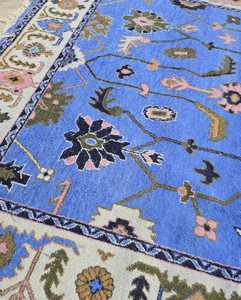 Alfombra Oushak azul claro de 9x12, Alfombra de lana tejida a mano, alfombra para sala de estar, alfombra turca colorida moderna en azul marino 8x10 10x14 12x15 - Product Image 1