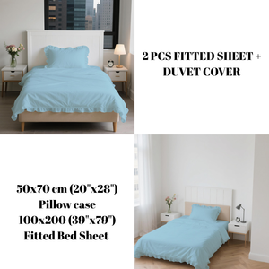 Parure de lit haut de gamme en polycoton rayé bleu, housse de couette moderne à volants, drap-housse et taie d'oreiller pour usage domestique - Product Image 5