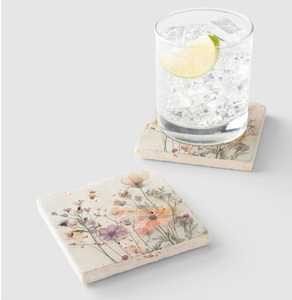 Boho Marble Coaster Wildflower Design Handmade Spring Home Decor - Product Image 1