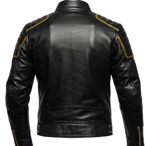 men's black leather motorcycle jacket trim shoulders features <b>gold</b> zippers and distinctive <b>gold</b> piping pockets and shoulders - Product Image 2