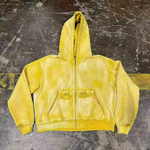 Sweat-shirt à capuche pour homme, surdimensionné, personnalisé, lourd, délavé au soleil, déchiré, zippé, imprimé, court - Product Image 2