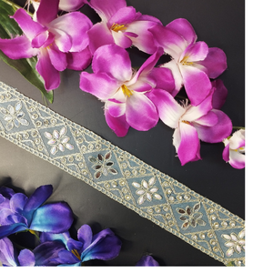 Custom made embroidered laces with sequins and gold zari work for use as borders and <b>trims</b> on clothing ideal for resale - Product Image 1