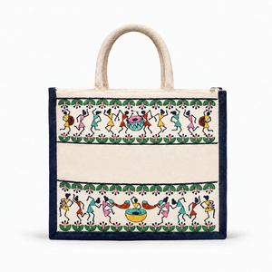 Navy Blue Tribal Beats Warli Embroidered Cotton Juco Hamper <b>Gift</b> <b>Bag</b> with Zipper 12x10x4 Inch - Product Image 1