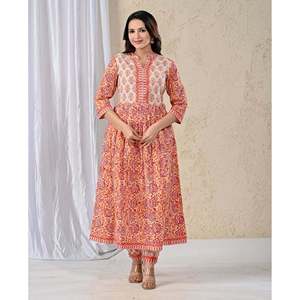 Conjunto de Kurta y Pantalón de Algodón Étnico Elegante para Mujer, Estampado Floral Jaal Amarillo y Rojo, Ropa de Fiesta para Ocasiones Especiales - Product Image 3