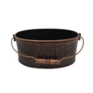 Maceta ovalada de Metal de hierro y madera de diseño antiguo con mango Color de textura de bronce aspecto único interior y exterior hecho a mano a granel - Product Image 1